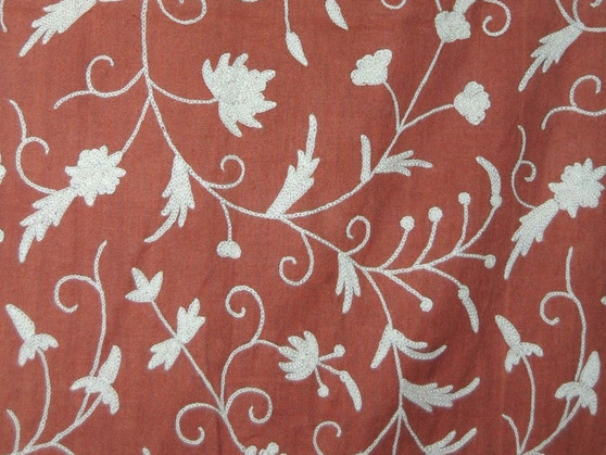 Cotton Crewel Embroidered Fabric "Jacobean", White on Taupe #TML511