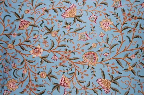 Cotton Crewel Embroidered Fabric "Tree of Life" Turquoise, Multicolor #DDR201
