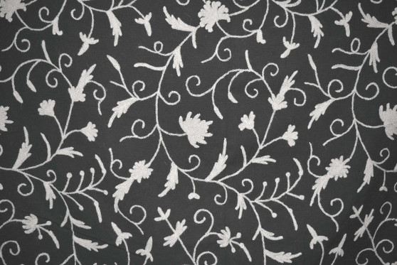 Cotton Crewel Embroidered Fabric "Jacobean" Neutrals, White on Black #TML503