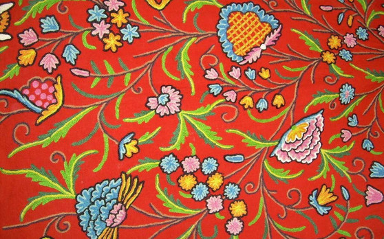 Crewel Cotton Embroidered Fabric "Tree of Life" Orange, Multicolor #DDR101