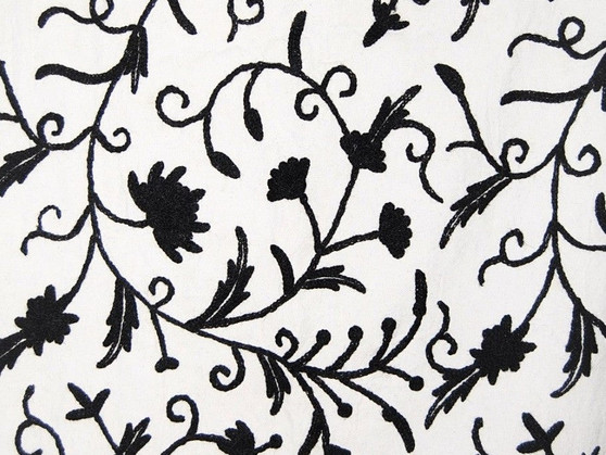 Cotton Crewel Embroidered Fabric "Jacobean" Neutrals, Black on White #TML501
