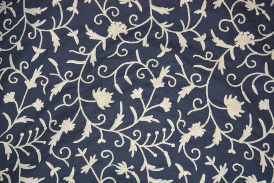 Crewel Cotton Embroidered Fabric "Jacobean", White on Navy #TML111
