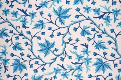 Crewel Embroidered Cotton Fabric "Maple", Blue on White #CHR002