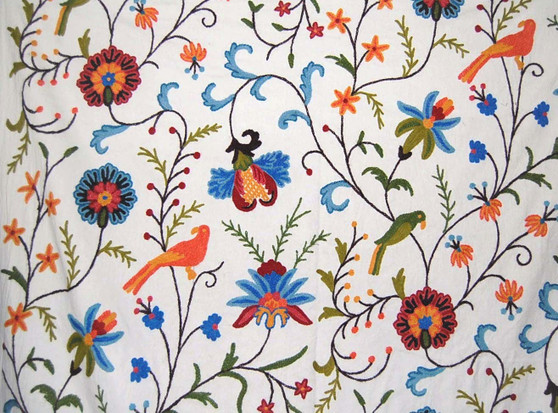 Crewel Cotton Embroidered Fabric "Parrots" Off-White, Multicolor #BRD002