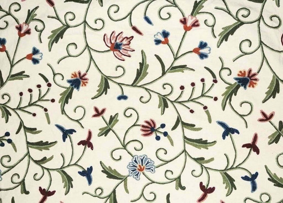 Crewel Cotton Embroidered Fabric "Jacobean" Cream, Multicolor #TML002