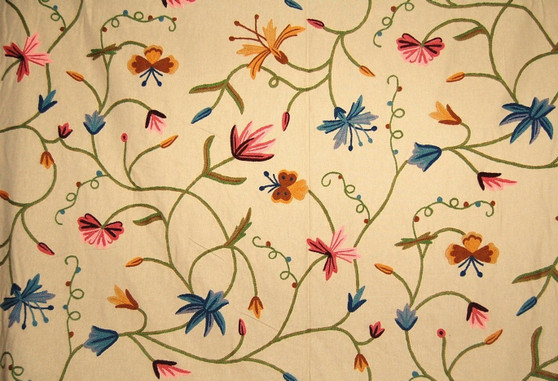 Crewel Cotton Embroidered Fabric Butterfly Beige, Multicolor #BFL501