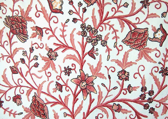 Crewel Cotton Embroidered Fabric "Tree of Life", Pink on White #DDR002