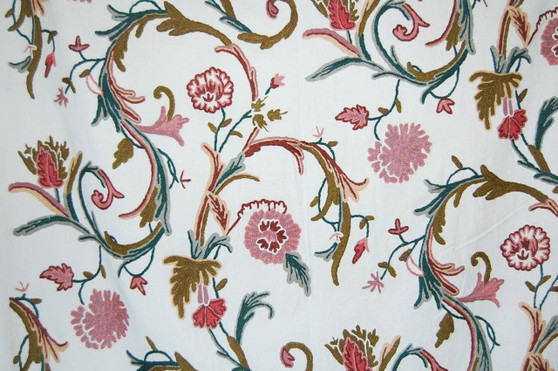 Crewel Cotton Embroidered Fabric Off-White, Multicolor Pastels #FLR006