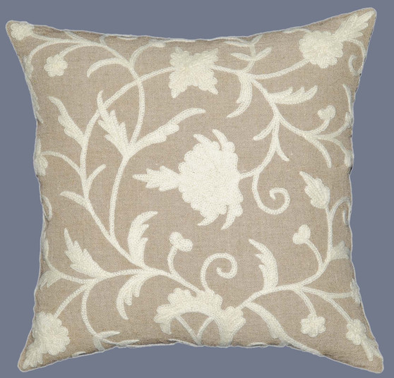 Crewel Linen Pillow Cushion Cover, White on Beige #CW622