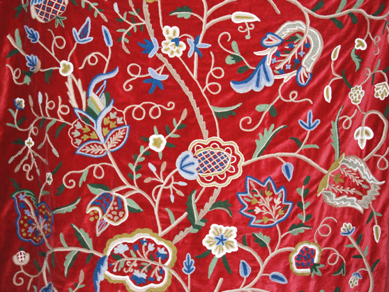 Crewel Velvet Embroidered Fabric "Watlab" Red, Multicolor #CV304