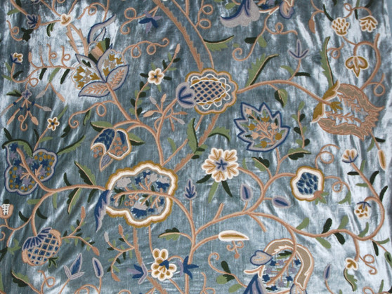 Crewel Ethnic Embroidered Velvet Fabric "Watlab" Teal, Multicolor #CV308