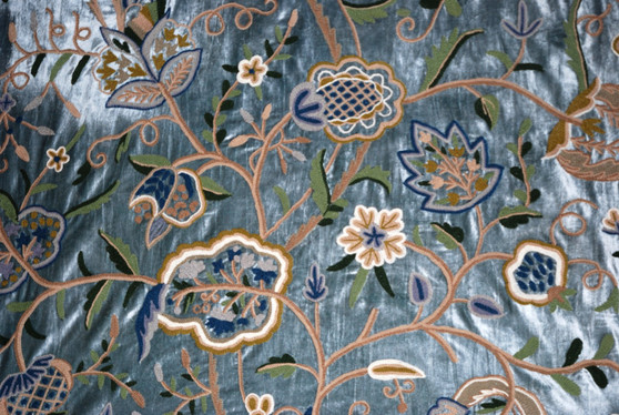 Crewel Velvet Embroidered Fabric "Watlab" Teal, Multicolor #CV308