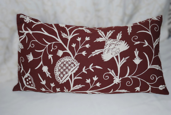 Cotton Crewel Cushion Cover Pillow Sham Lumbar Pillowcase "Tree of Life", White on Burgundy #CW702