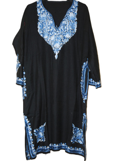 Kashmiri "Aari" Embroidered Woolen Pheron Cloak Black, Blue Emb #WC022