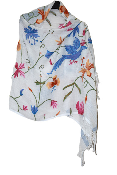 Crewel Linen Embroidered Kashmiri Shawl Throw Scarf Off-White, Multicolor #LS-401
