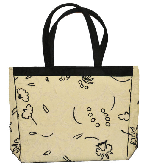 Crewel "Aari" Embroidered Tote Bag Womens Canvas Shoulder Bag, Black-White on Cream #CBG502