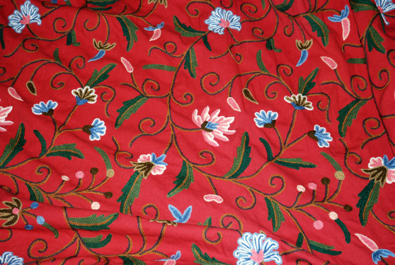 Cotton Crewel Embroidered Fabric "Jacobean" Red, Multicolor #TML302