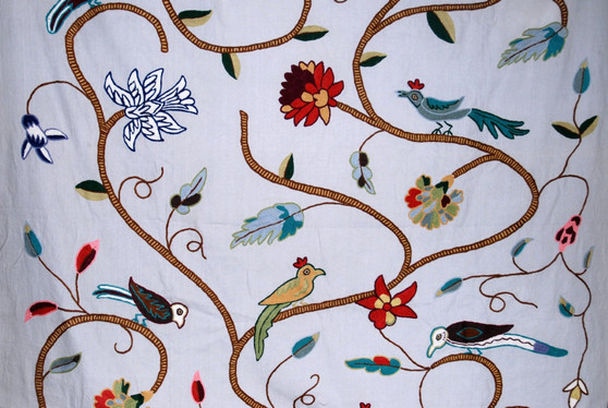 Cotton Crewel Embroidered Fabric "Birds" Grey, Multicolor #BRD302