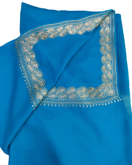 Crewel Sozni "Tilla" Woolen Shawl Turquoise, Silver Embroidery #WS-905