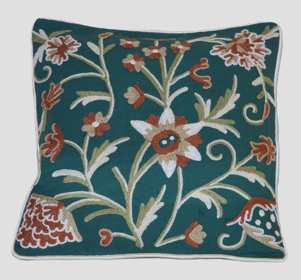 Cotton Crewel Embroidered Pillow Cushion Cover Green, Multicolor #CW436