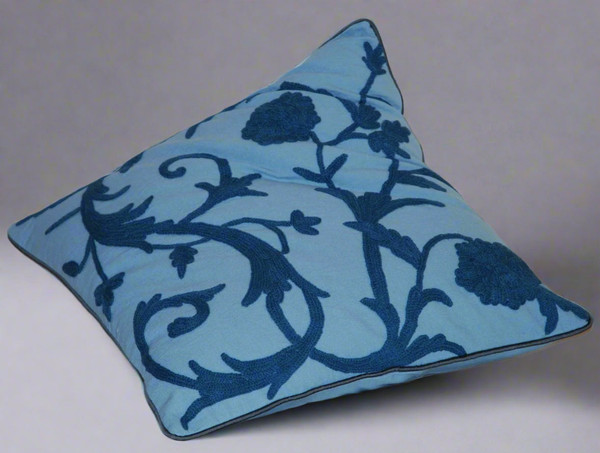 Cotton Crewel Embroidered Pillow Cushion Cover Blue, Tone-Tone Emb. #CW260