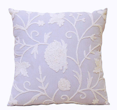 Cotton Crewel Embroidered Pillow Cushion Cover Floral, White on Grey #CW341