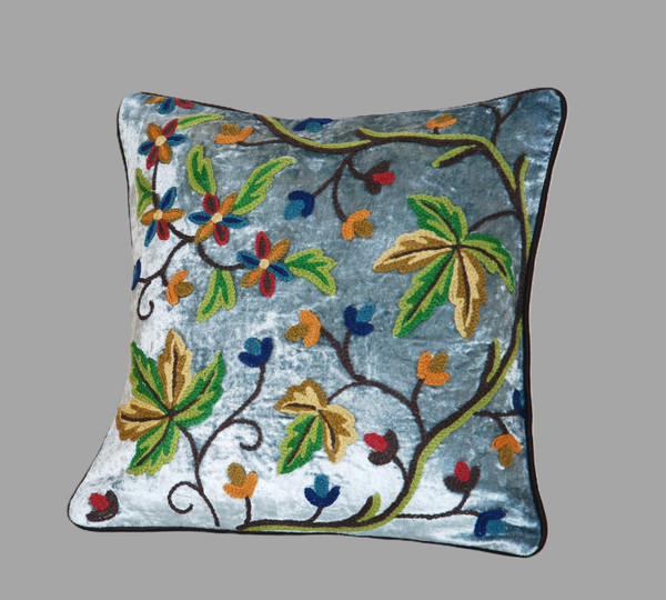 Crewel Hand Embroidered Velvet Throw Pillow Cushion Cover "Maple" Teal, Multicolor #CW512