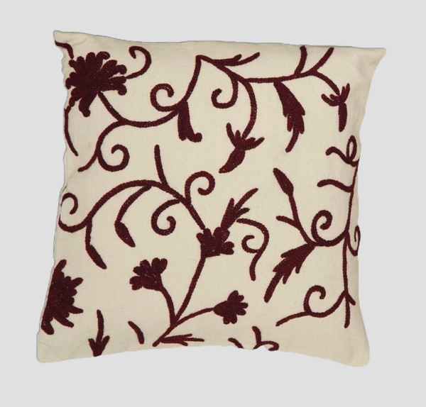 Cotton Crewel Embroidered Pillow Cushion Cover "Jacobean", Burgundy on Cream #CW352