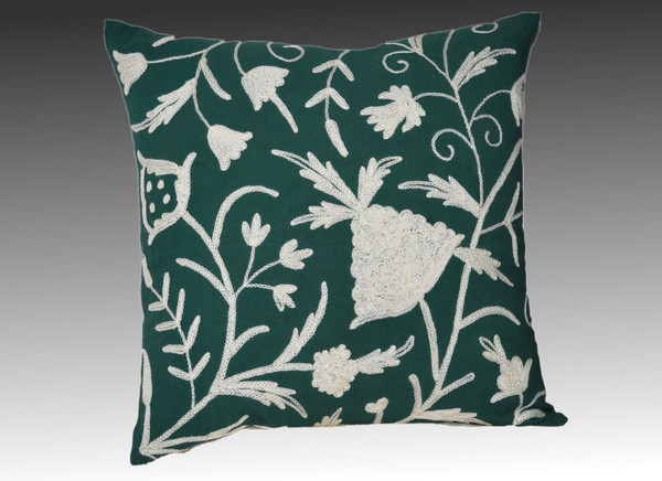 Cotton Crewel Embroidered Pillow Cushion Cover "Tree of Life", White on Green #CW451
