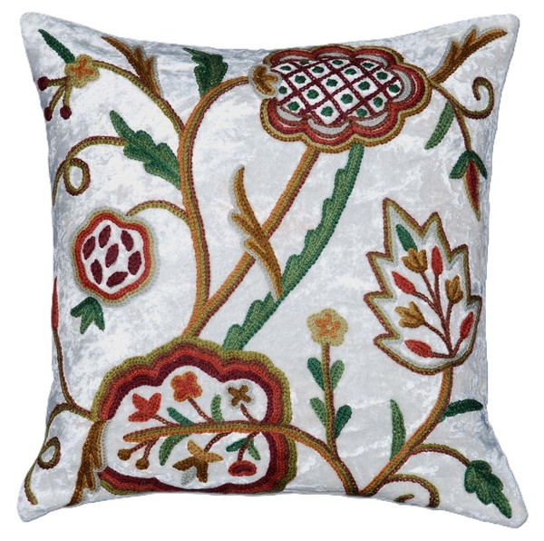 Crewel Embroidered Velvet Pillow Cushion Cover "Watlab", Multicolor #CW528