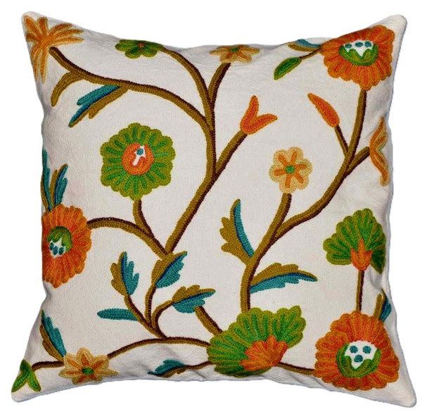 Crewel Pillows Embroidered Cotton Cushion Cover, Multicolor #CW203