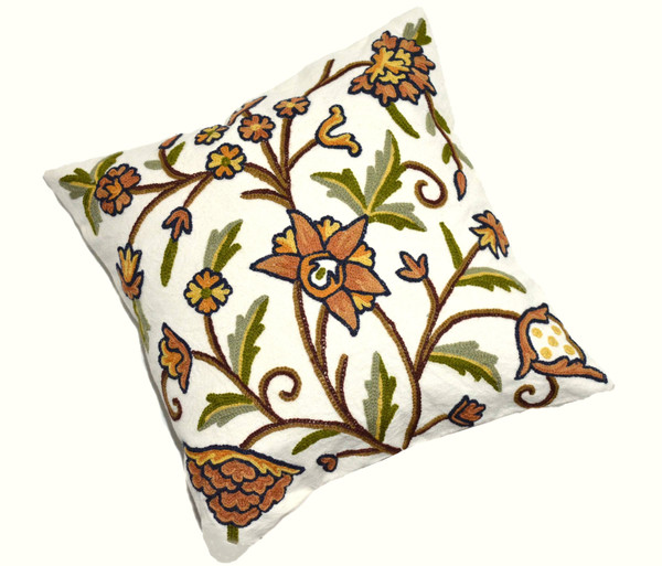Crewel Cushions Embroidered "Tree of Life" Throw Pillows Off-White, Multicolor #CW404