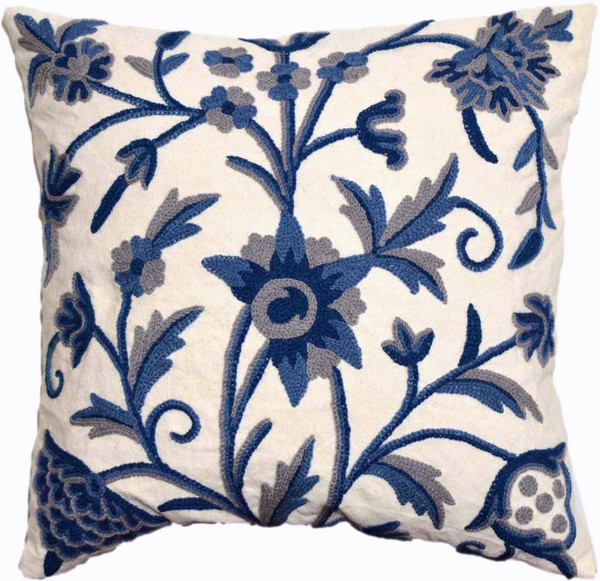 Crewel Pillows Embroidered Cotton Cushion Cover "Tree of Life", Blue on White #CW402