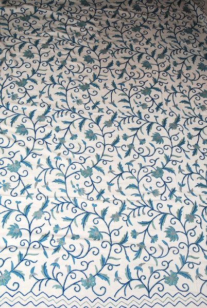 Cotton Crewel Bedspread "Jacobean", Blue on White #TML1011