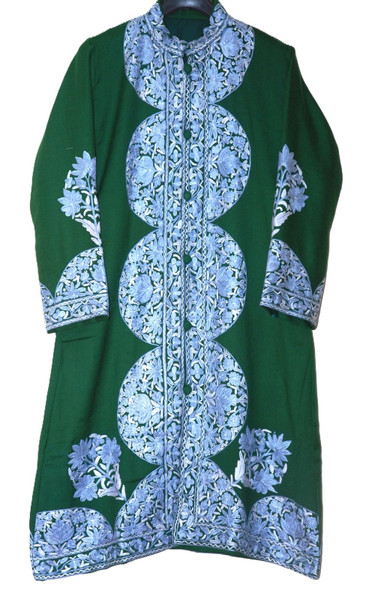 Kashmir Woolen Duster Coat Green, Blue Embroidery #AO-192