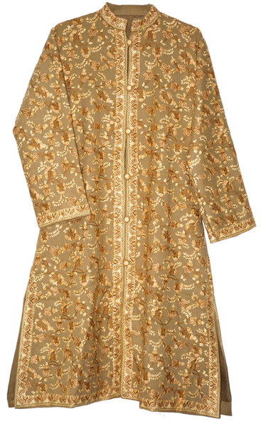 Woolen Coat Long Jacket "Sherwani" Mustard, Multicolor Embroidery #AO-170