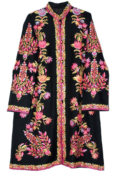 Woolen Coat Long Jacket Black, Multicolor Embroidery #AO-164