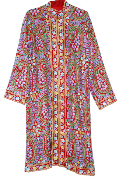Kashmir Woolen Duster Coat Burgundy, Multicolor Embroidery #AO-145