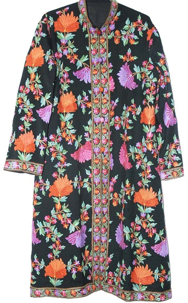 Woolen Coat Long Jacket Black, Multicolor Embroidery #AO-142