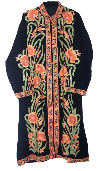 Kashmir Woolen Duster Coat Black, Multicolor Embroidery #AO-1212