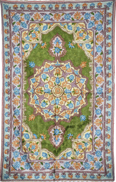 Crewel Tapestry Rug Wall Hanging Area Rug, Blue and Green 2.5x4 ft #CWR10111