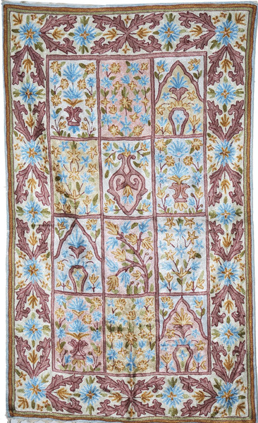Crewel Tapestry Rug Wall Hanging Area Rug Silk, Multicolor 2.5x4 ft #CWR10109