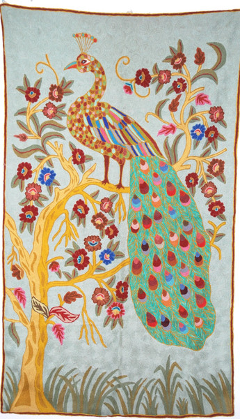 Crewel Embroidery Tapestry Rug Wall Hanging Area Rug "Peacock", Multicolor 3x5 ft #CWR15133