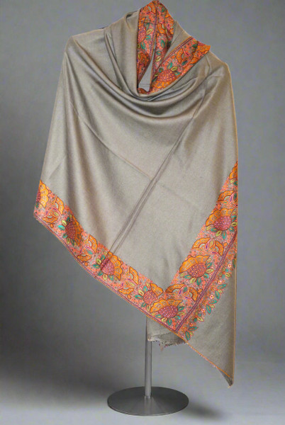 Embroidered Pashmina Cashmere Shawl Beige, Multicolor Embroidery #PDR-018