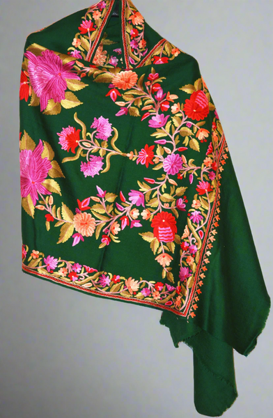 Embroidered Wool Shawl Scarf Green, Multicolor Embroidery #WS-151