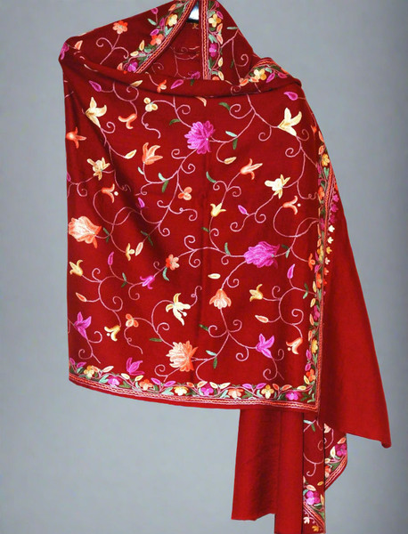 Embroidered Wool Shawl Scarf Burgundy, Multicolor Embroidery #WS-152