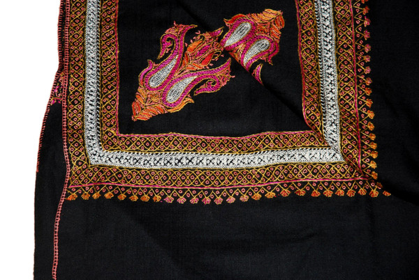 Embroidered Wool Shawl Black , Multi Embroidery #WS-938