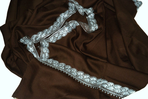 Woolen Embroidered "Tilla" Shawl Brown, Silver Embroidery #WS-927