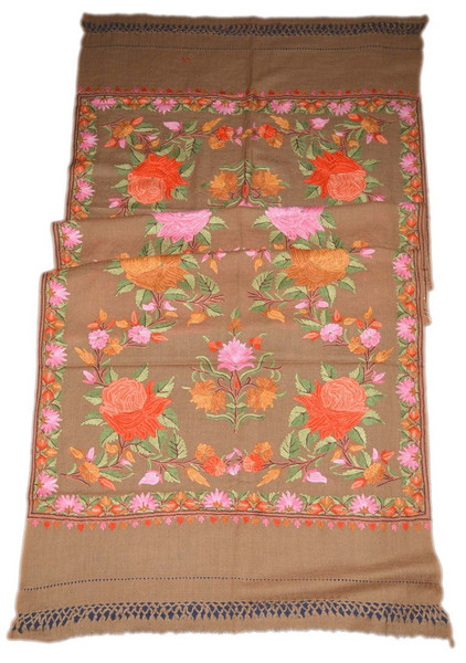Crewel Ethnic Embroidery Wool Shawl Wrap Throw Beige, Multicolor #WS-119