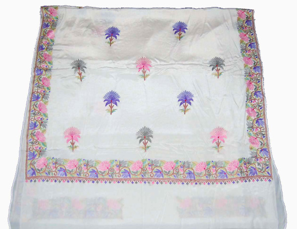 Kashmiri Silk Saree Indian Wedding Sari White, Multicolor Pastels Embroidery #SA-105